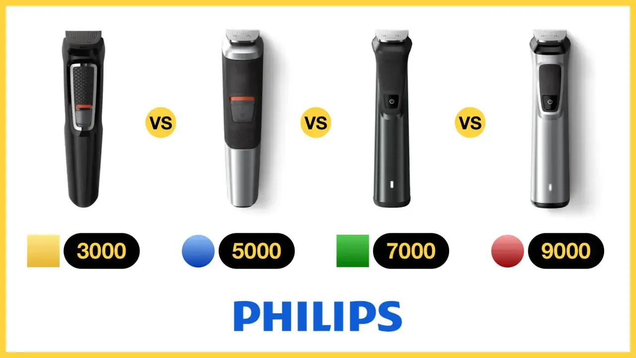 Cztery różne modele golarek Philips: 3000, 5000, 7000 i 9000, z oznaczeniami VS.