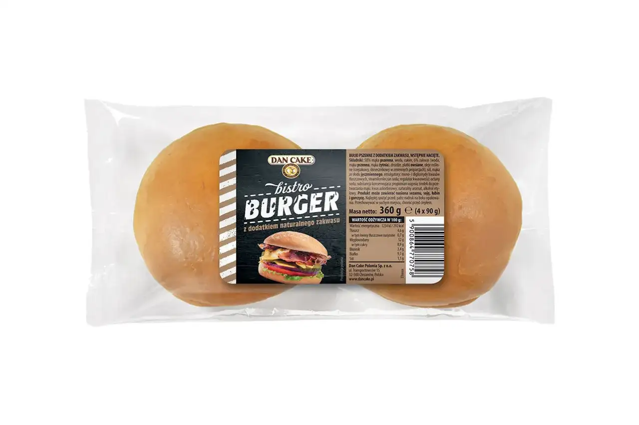 Dwie bułki do hamburgerów w opakowaniu, z etykietą "Bistro Burger".