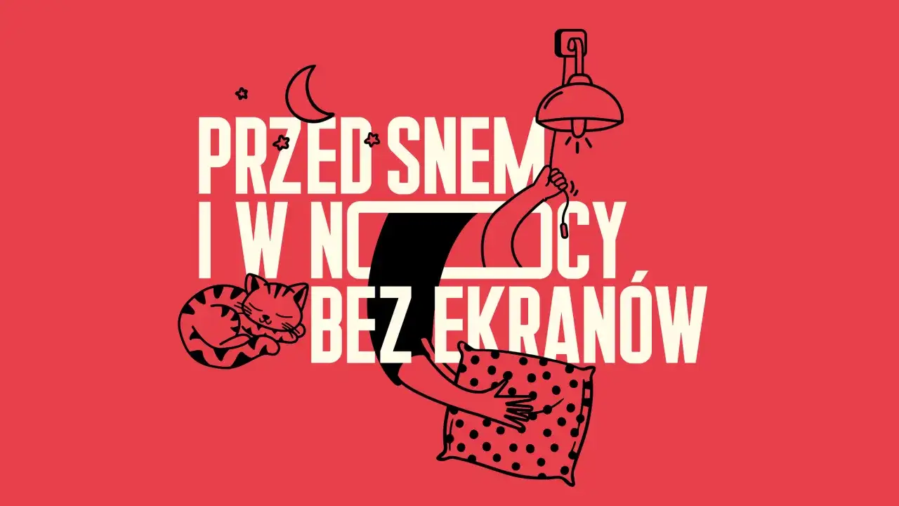 Śpiący kotek i poduszka, ręka gasi lampkę. Pomysły na challenge dla dzieci: przed snem i w nocy bez ekranów.