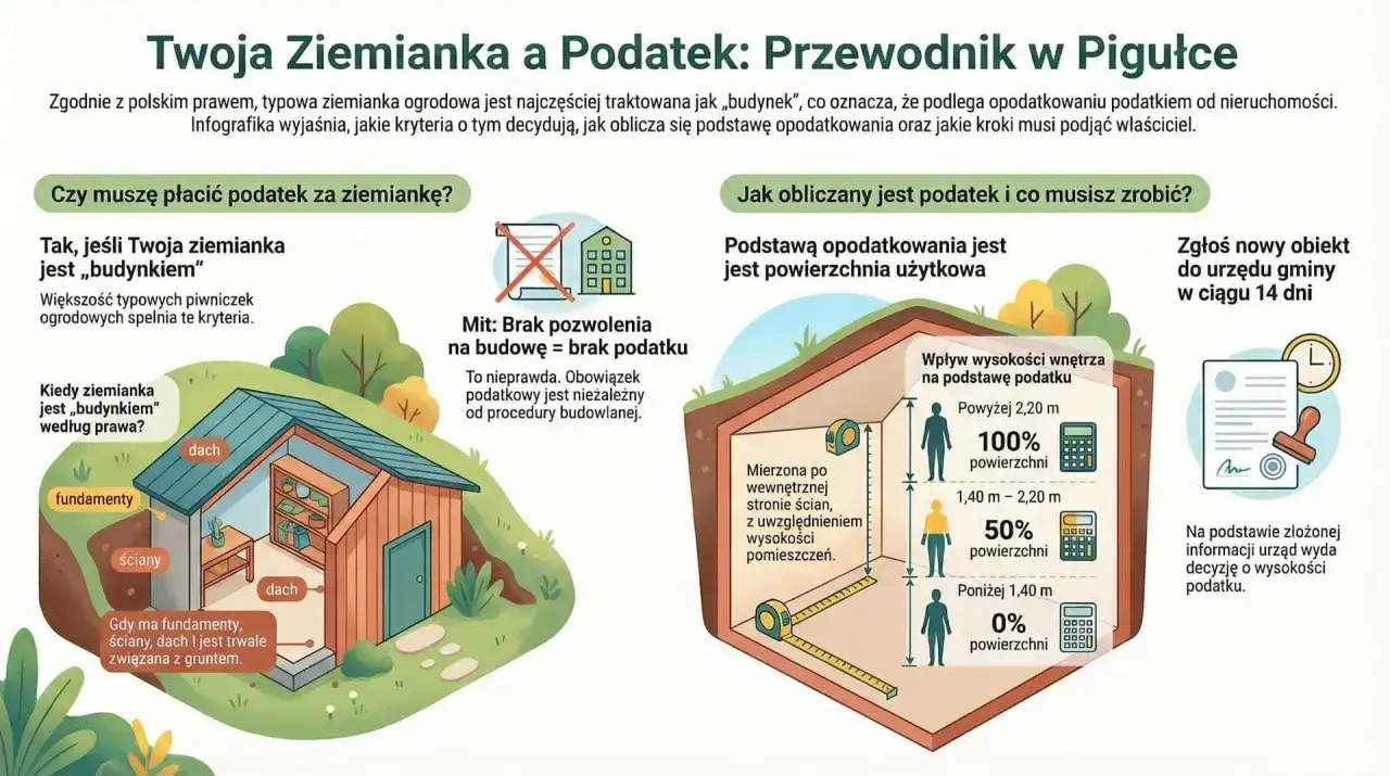 Ilustracja przedstawia przekrój ziemianki ogrodowej, wyjaśniając zasady opodatkowania i obliczania powierzchni użytkowej.