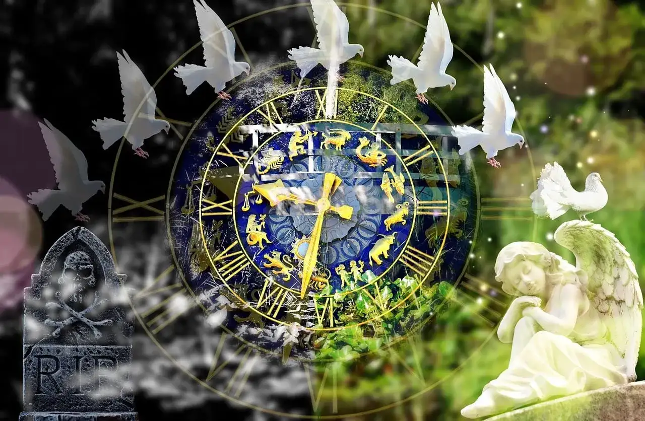 Anioł czuwa nad horoskopem miłosnym, podczas gdy gołębie symbolizują wolność i nadzieję. Czas płynie, a zodiak zapowiada przyszłość.
