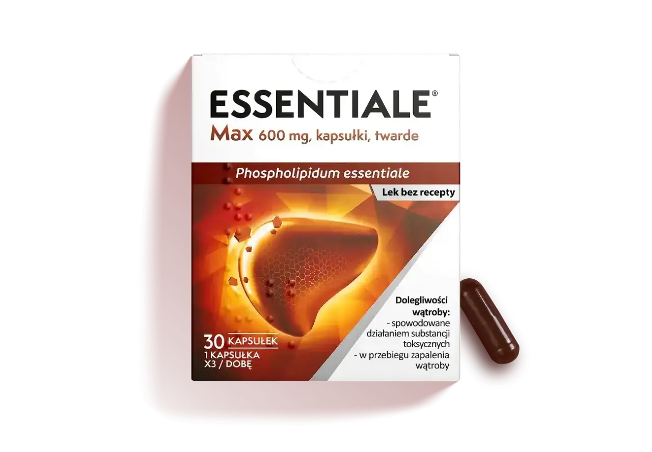 Opakowanie leku Essentiale Max 600 mg. Grafika przedstawia wątrobę, sugerując, że to ast co to za badanie. Lek bez recepty.
