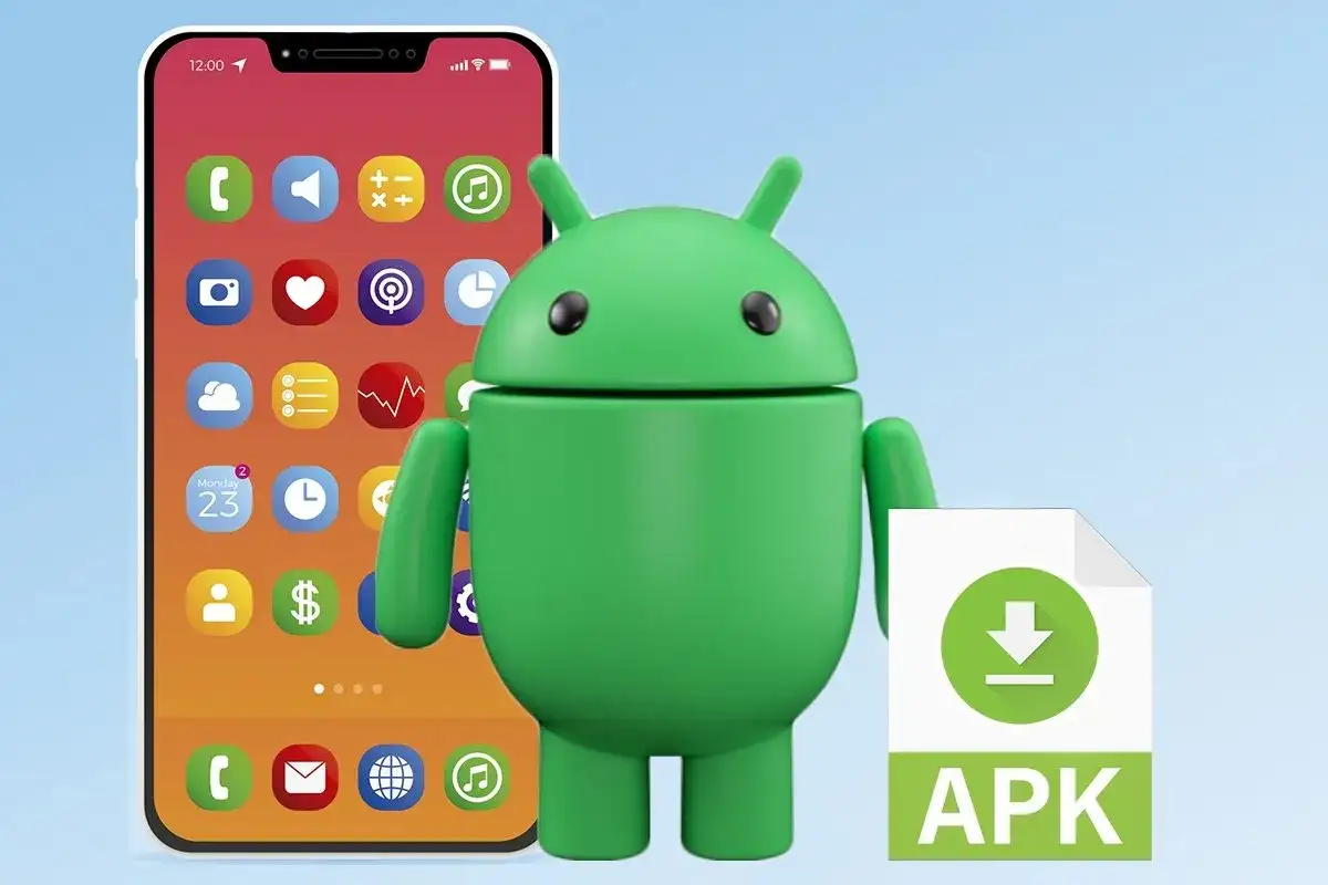 Zielony robot Android obok telefonu z ikonami aplikacji i plikiem APK. Dowiedz się, jak instalować gry na Androida.