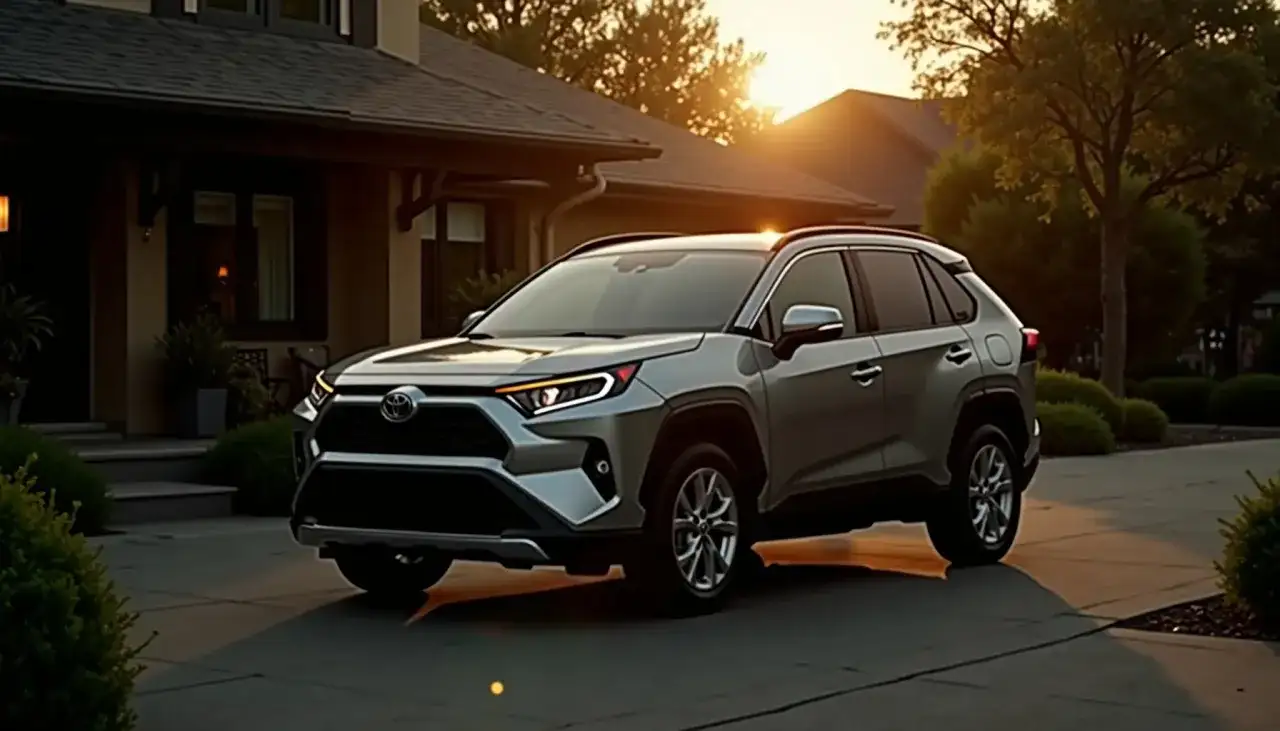 Srebrny samochód hybrydowy SUV zaparkowany przed domem o zachodzie słońca.