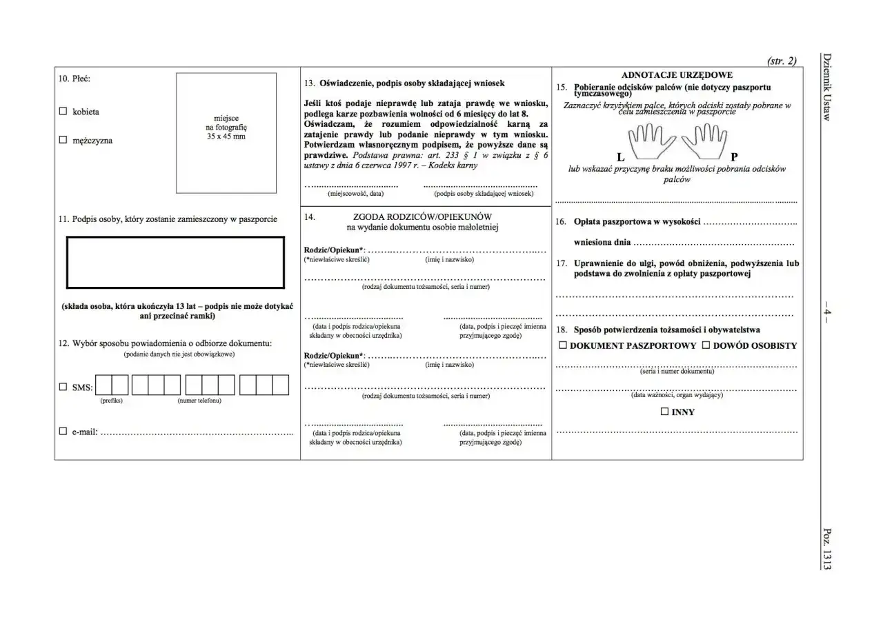 Formularz wniosku o wydanie dokumentu, zawiera sekcje dotyczące danych osobowych, zgody rodziców i opłat.