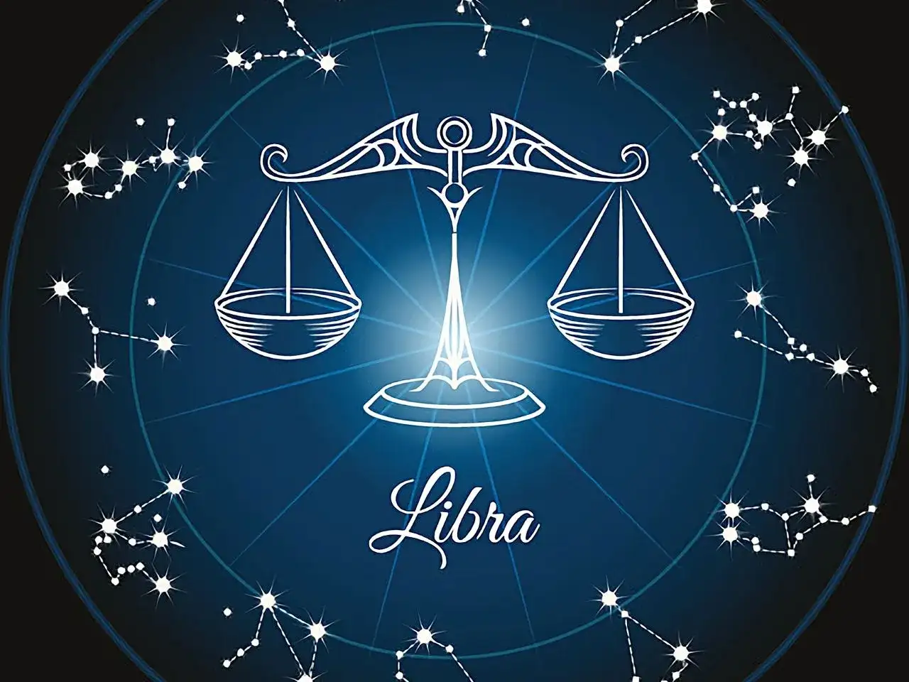 Symbol wagi znak zodiaku, otoczony konstelacjami na tle nocnego nieba.