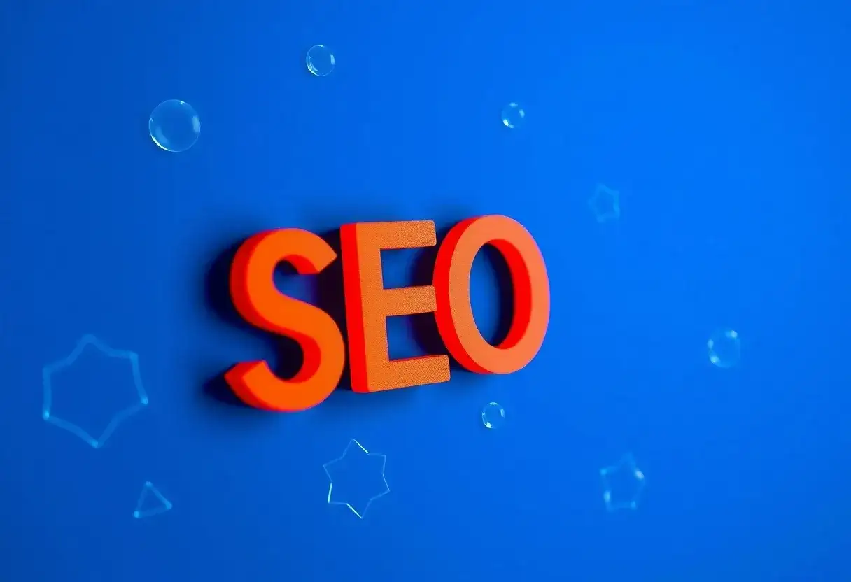 Pomarańczowe litery SEO unoszą się na niebieskim tle, otoczone bańkami i gwiazdkami. Kluczowe słowa dla Twojej strony.