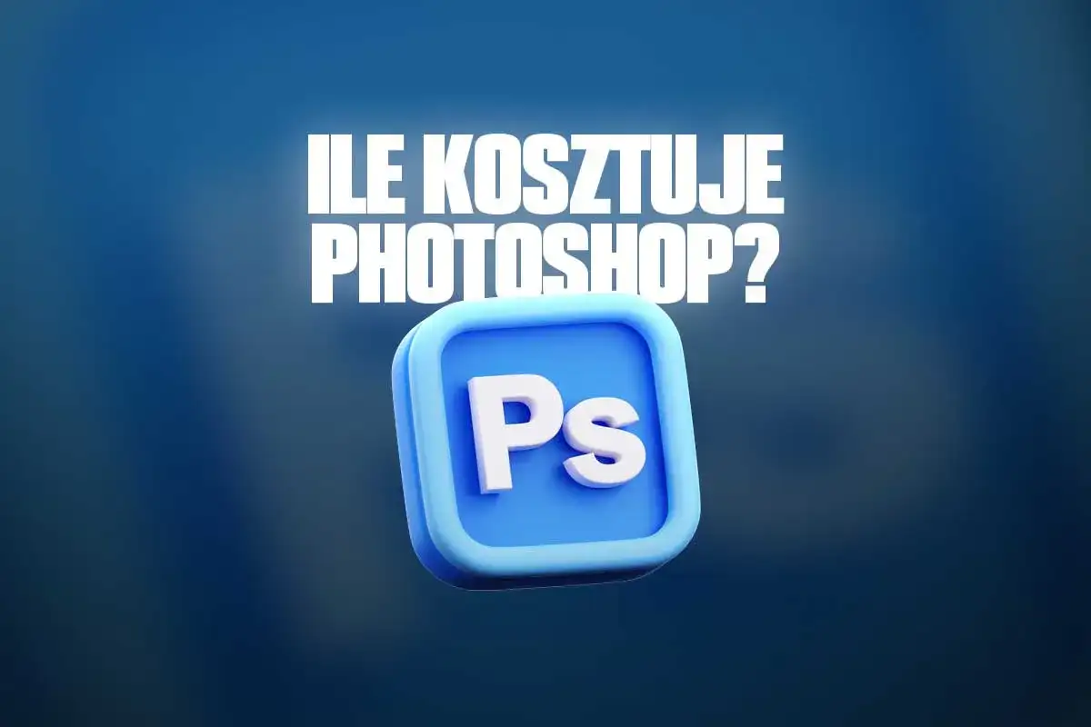 Ikona Photoshopa (Ps) na niebieskim tle z napisem "Ile kosztuje Photoshop?".