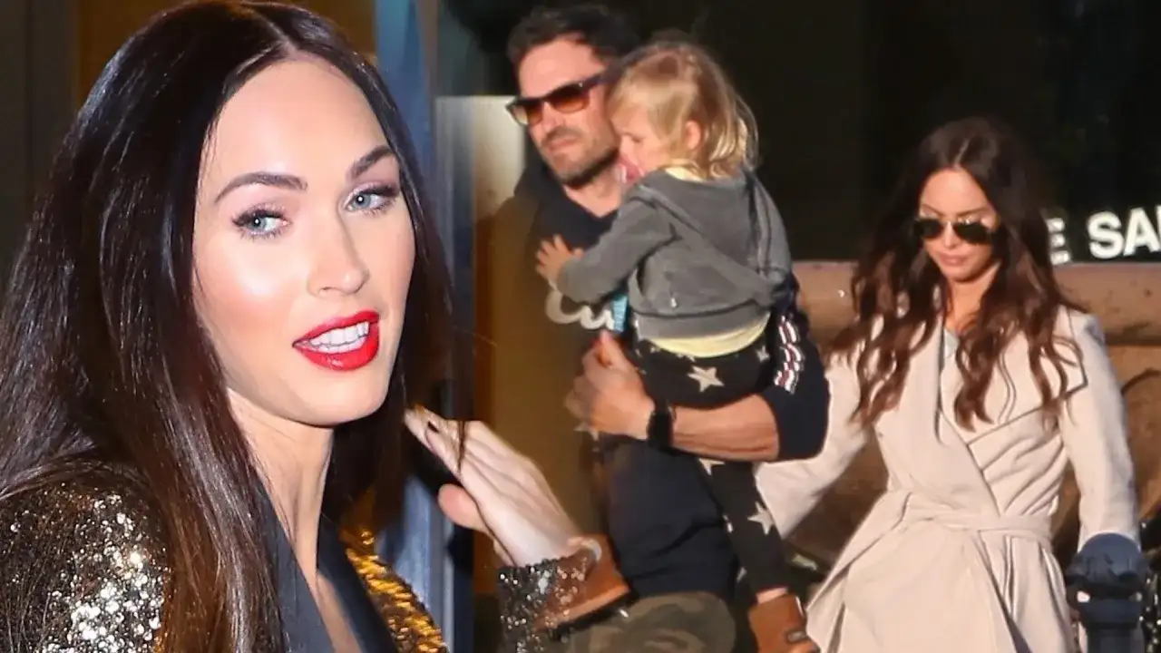 Megan Fox z dziećmi, w tym małym chłopcem niesionym przez mężczyznę.
