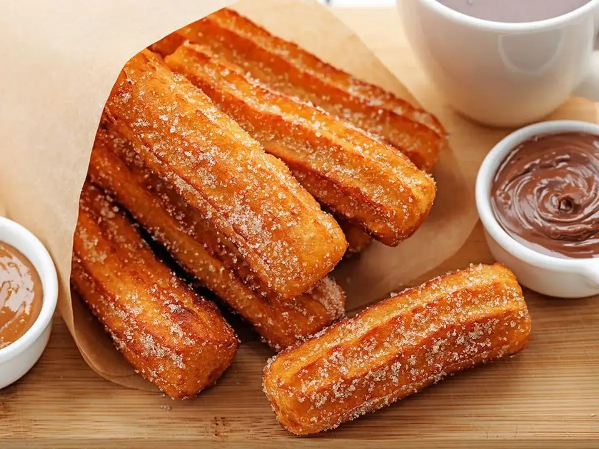 Churros przepis: złociste, posypane cukrem paluszki z ciasta smażonego na głębokim tłuszczu, podane z czekoladą i karmelem.