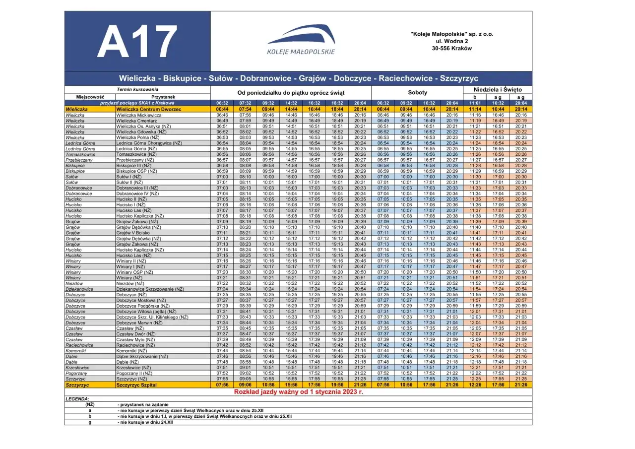 Rozkład jazdy autobusu A17 relacji Wieliczka - Biskupice - Sułów - Dobranowice - Grajów - Dobczyce - Raciechowice - Szczyrzyc, z zaznaczonymi kursami do Limanowej.
