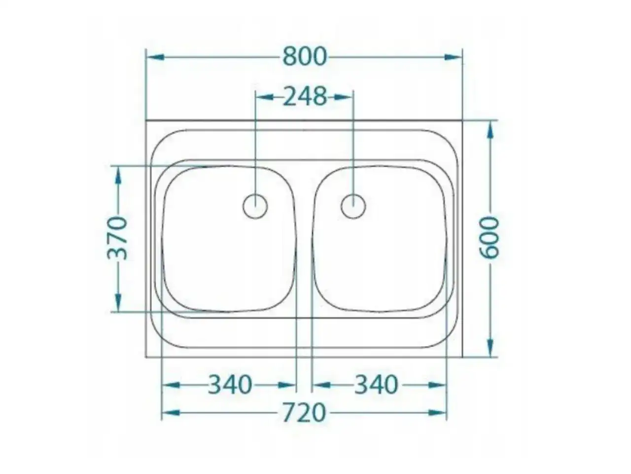 Schemat zlew dwukomorowy wymiary: 800x600 mm, komory 340x370 mm.