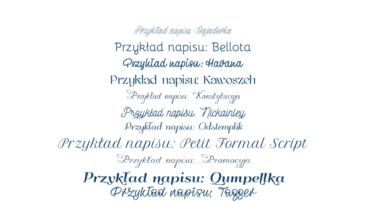 Przykłady napisów w różnych stylach, idealne do projektów z darmowe czcionki z polskimi znakami.