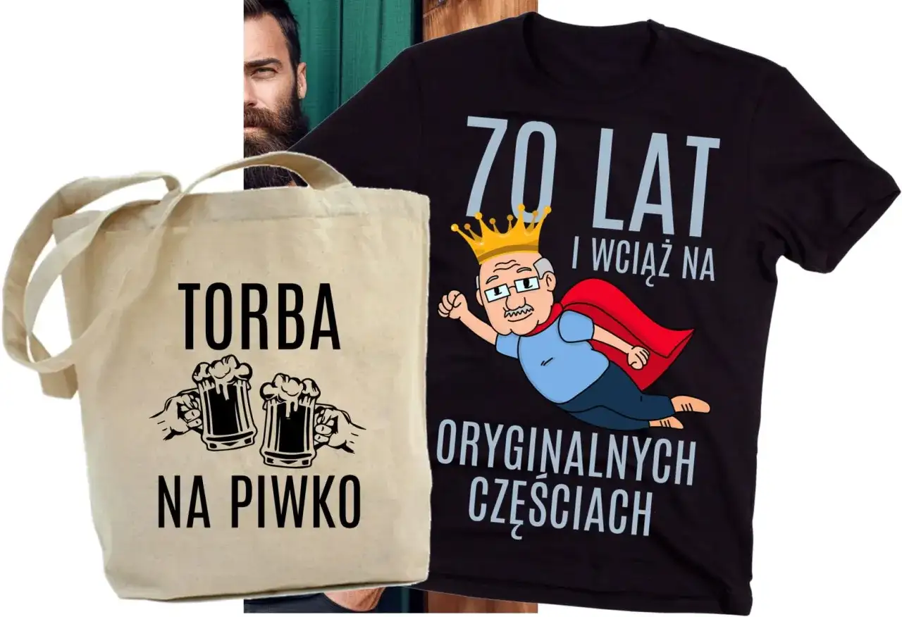 Torba na piwo i koszulka z napisem "70 lat i wciąż na oryginalnych częściach" to idealny zestaw na 70 urodziny.