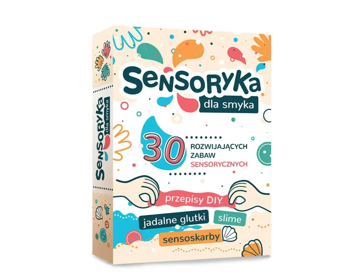 Opakowanie gry "Sensoryka dla smyka" z hasłami "30 rozwijających zabaw sensorycznych", "przepisy DIY", "jadalne glutki", "slime", "sensoskarby".