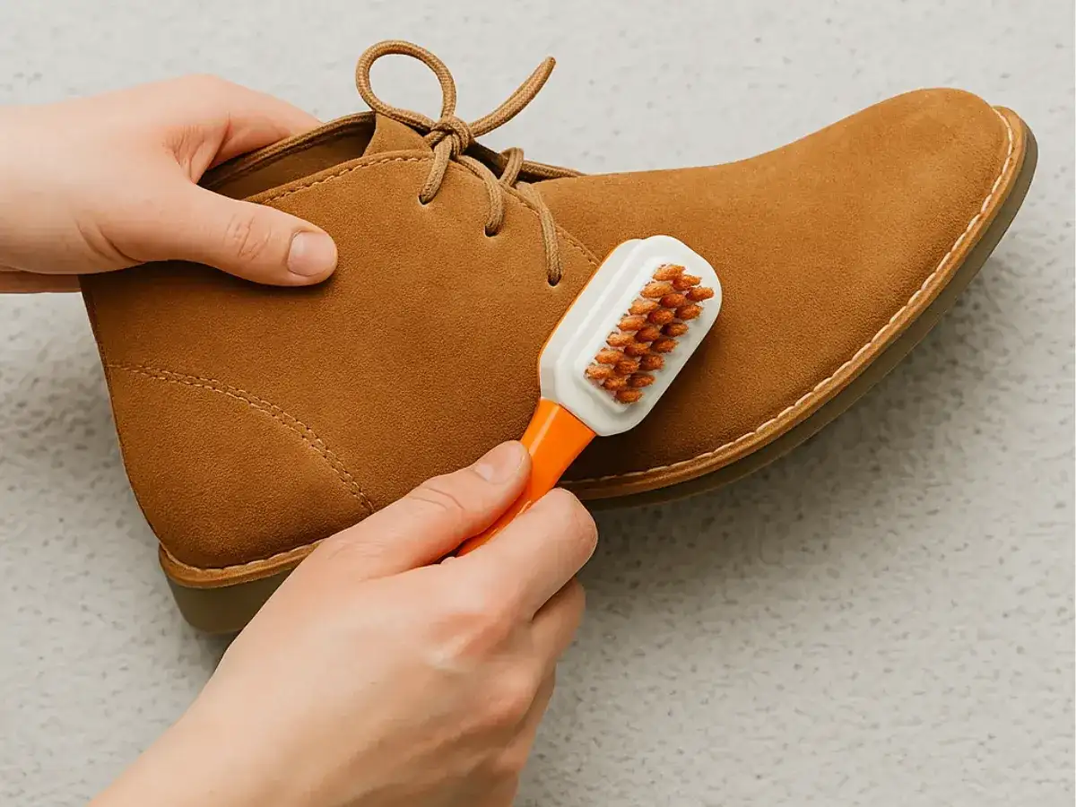 Manos cepillando un zapato de ante marrón. Aprende cómo limpiar antelina para mantener tus zapatos como nuevos.
