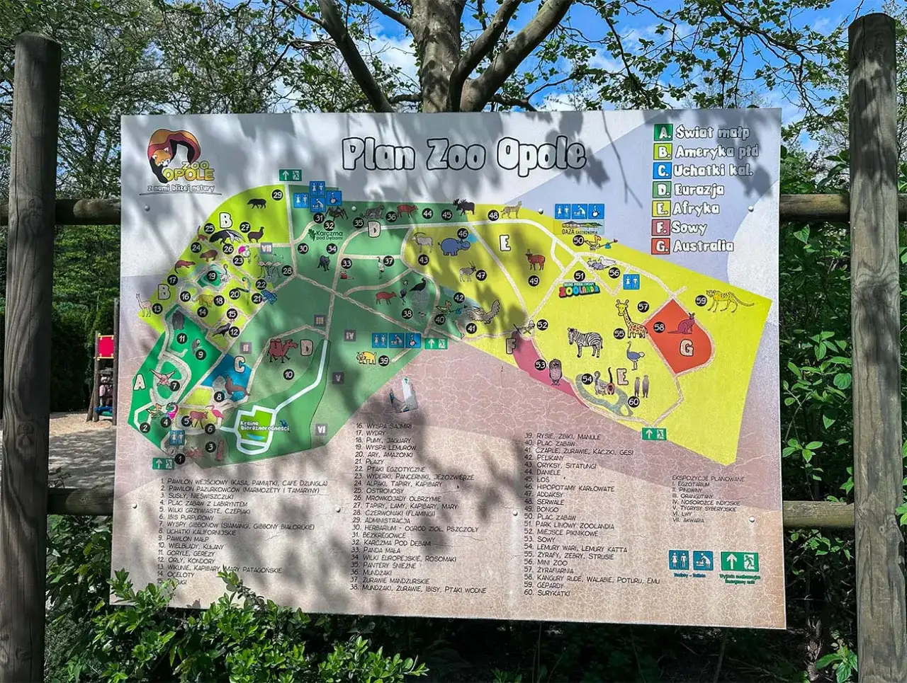 Plan Zoo Opole z zaznaczonymi strefami: Afryka, Australia, Eurazja. Idealne miejsce na rodzinne wycieczki, świetne zoo Opole opinie.