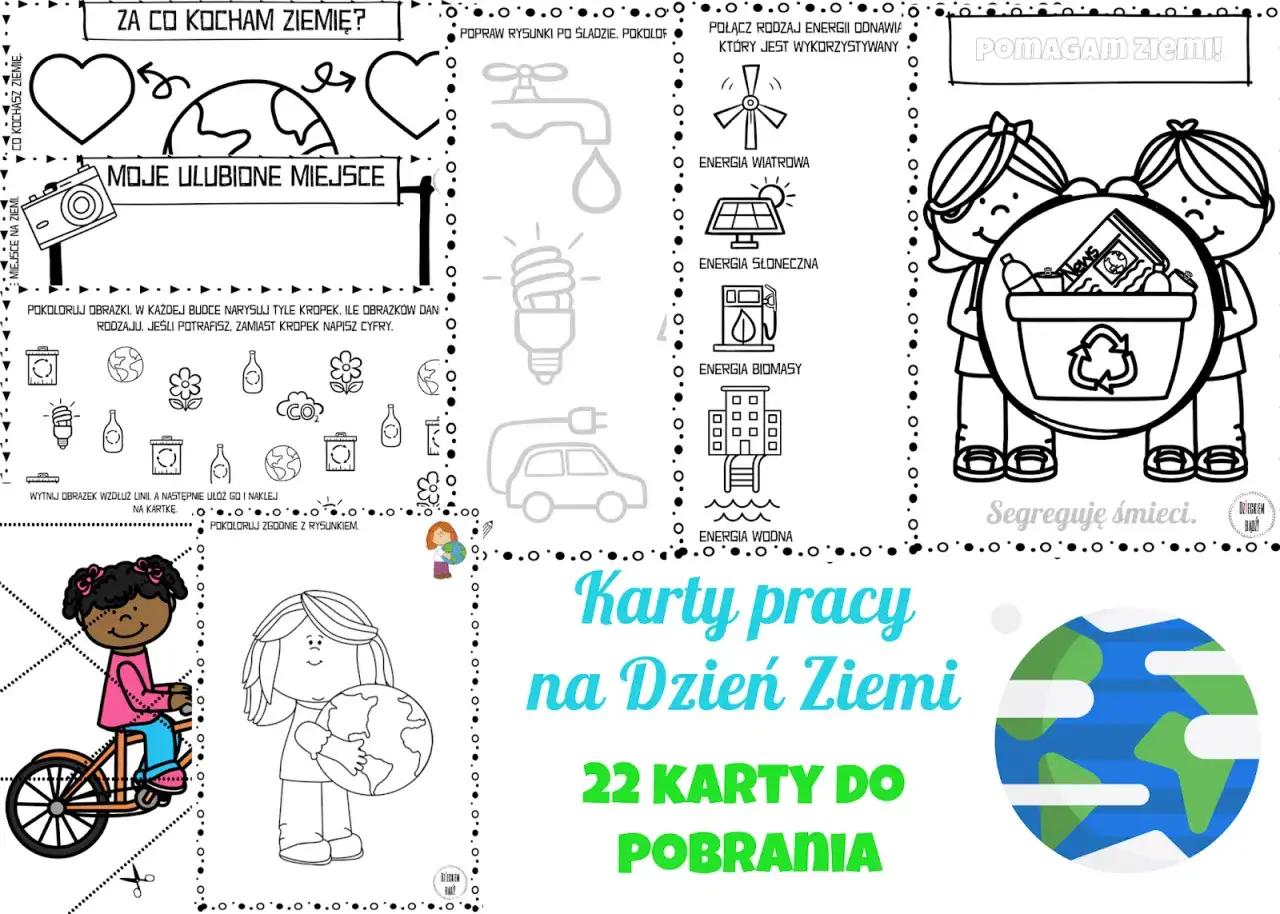 Karty pracy na Dzień Ziemi: kolorowanki, zadania o energii odnawialnej i segregacji śmieci.