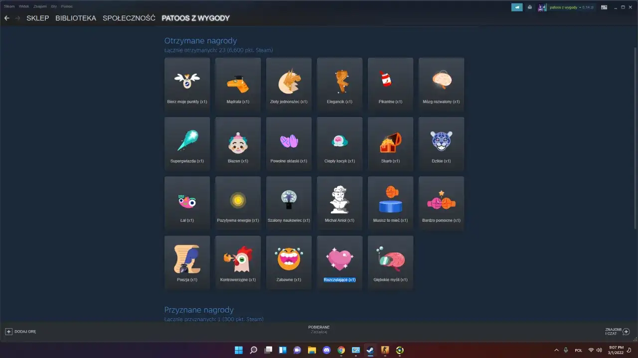 Ekran Steam z nagrodami, gdzie można zobaczyć jak kupić punkty Steam. Widoczne są różne ikony, np. zwierzęta, jedzenie, przedmioty.