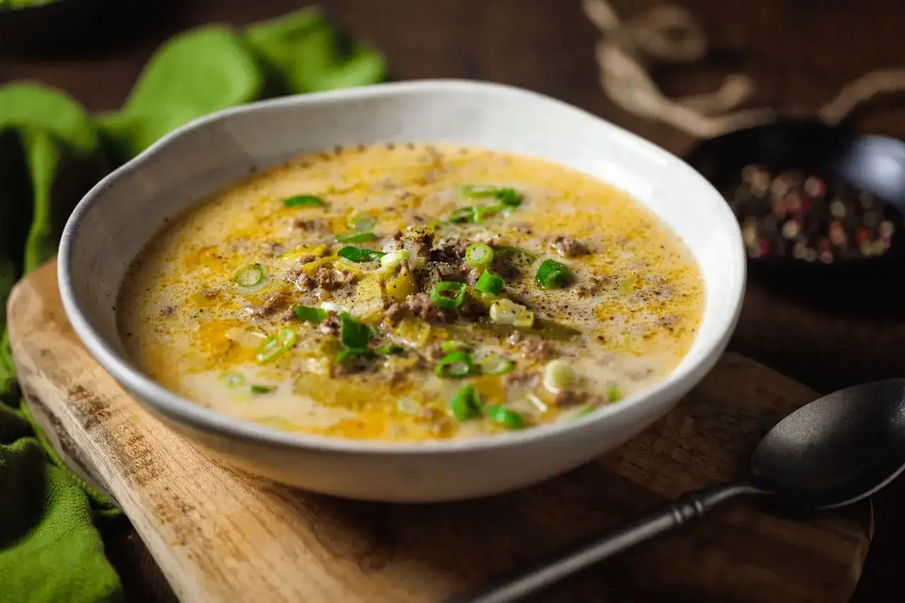 Eine cremige low carb Lauchsuppe mit Hackfleisch und Frühlingszwiebeln, serviert in einer Schüssel auf einem Holzbrett.
