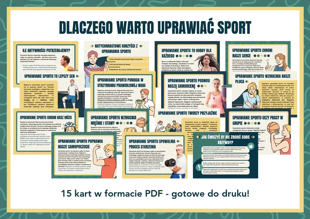 Ilustracja przedstawia różne korzyści płynące z uprawiania sportu, z ikonami i krótkimi opisami.