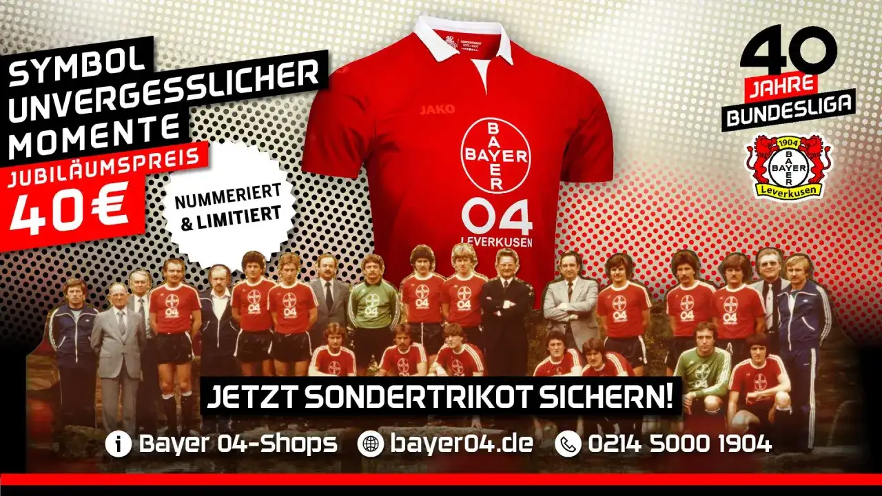 Niemiecka drużyna piłkarska Bayer 04 Leverkusen świętuje 40 lat Bundesligi specjalną, numerowaną koszulką za 40 euro.