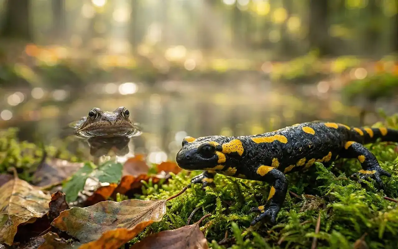 Żywy przykład płazów w Polsce: salamandra plamista i żaba w jesiennym lesie.
