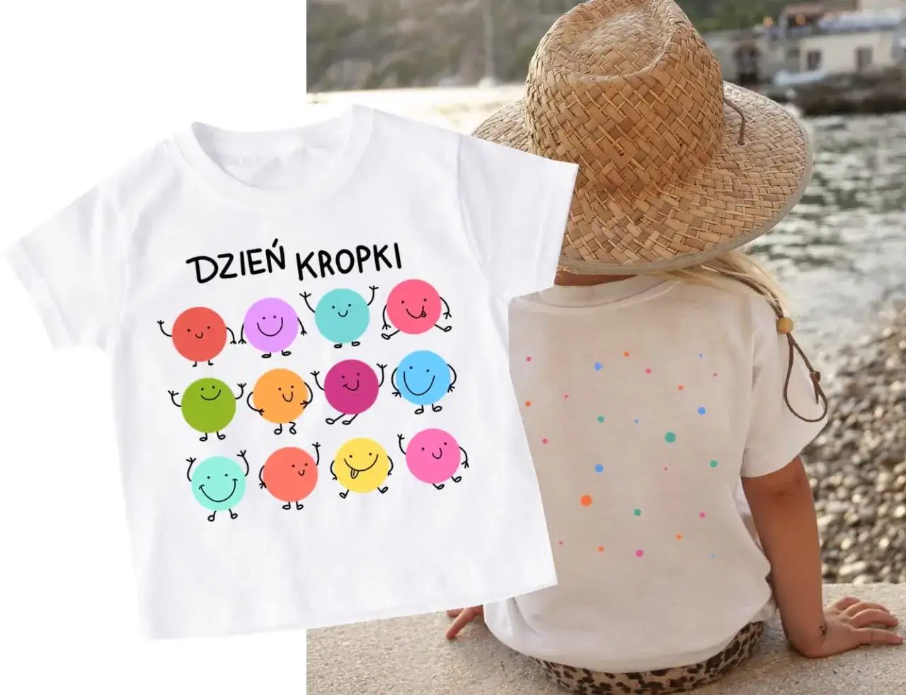 Biała koszulka z napisem "Dzień Kropki" i wesołymi, kolorowymi kropkami. Idealna na świętowanie tego dnia w stylu DIY!