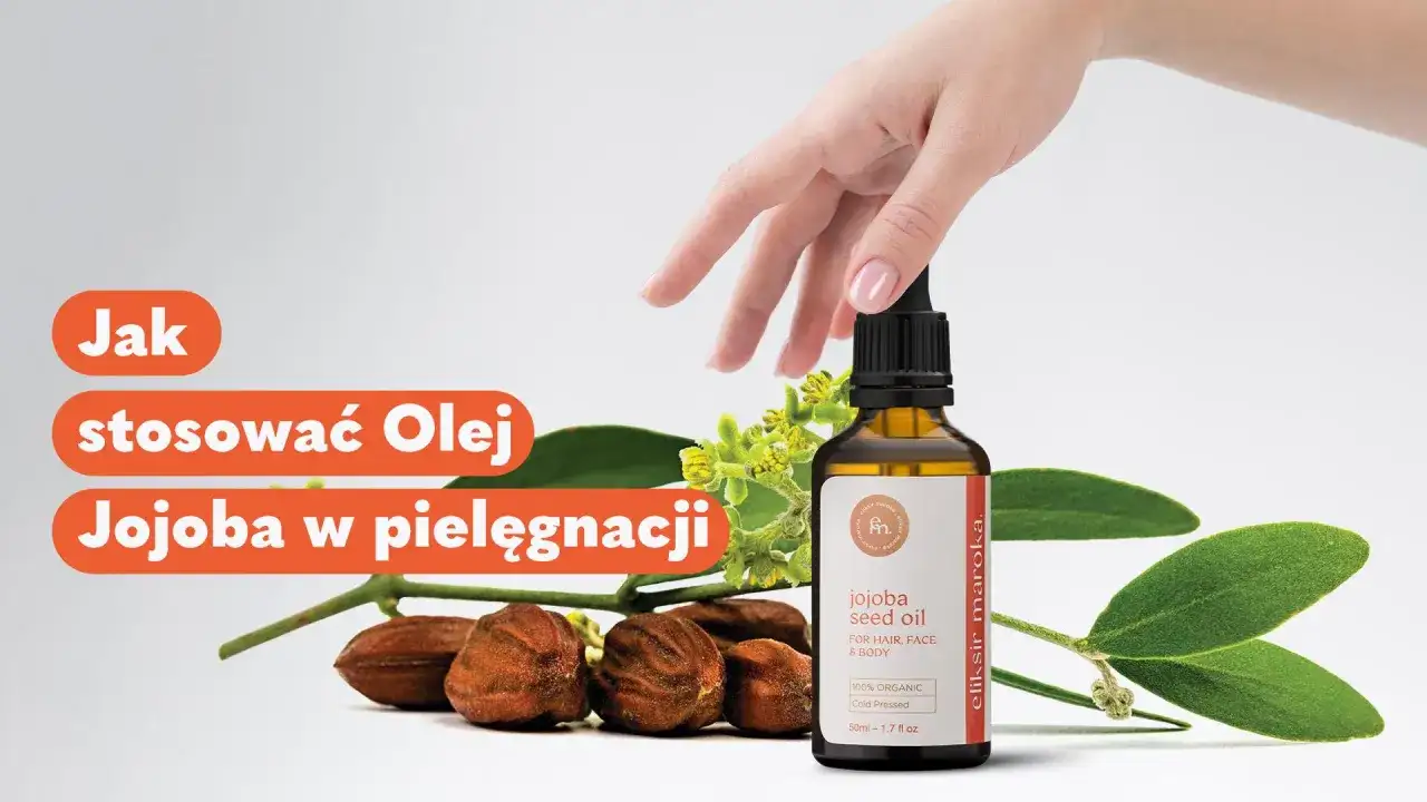 Odkryj, jak stosować olej jojoba w pielęgnacji włosów. Butelka z olejkiem, liście i owoce jojoby.