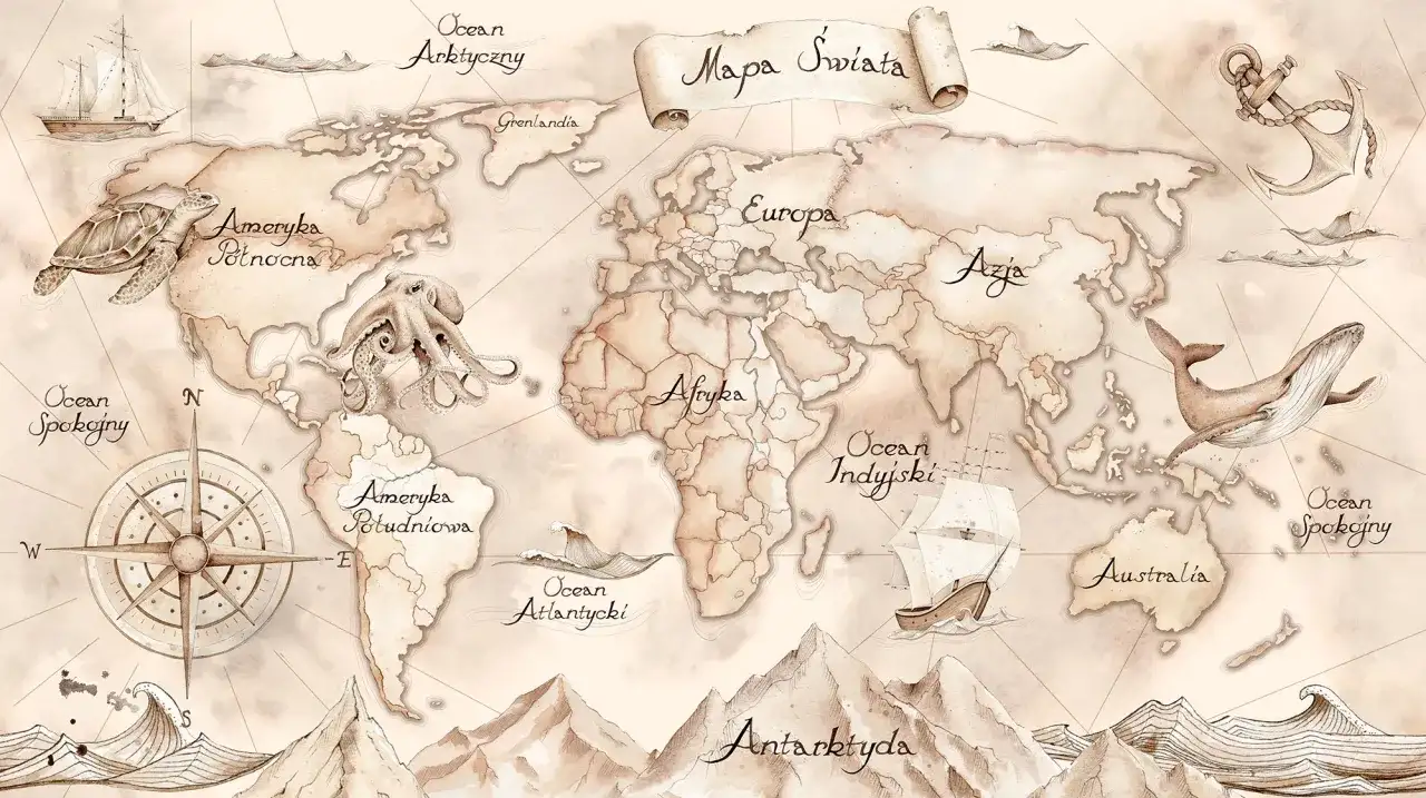 Mapa świata z wielorybem, żółwiem i ośmiornicą. Ta tapeta świata przeniesie Cię w podróż po kontynentach i oceanach.