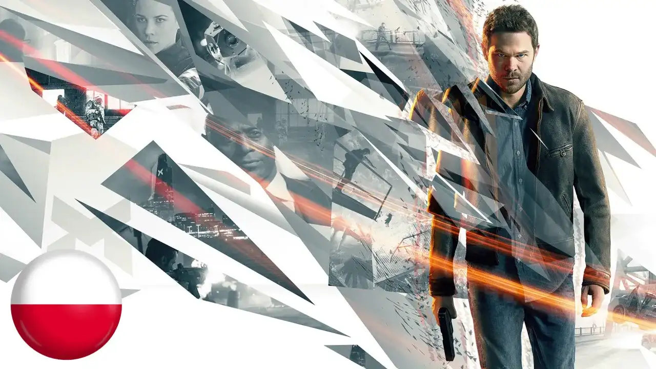 Jack Joyce z pistoletem, fragmenty miasta i postaci, flaga Polski. Quantum Break spolszczenie.