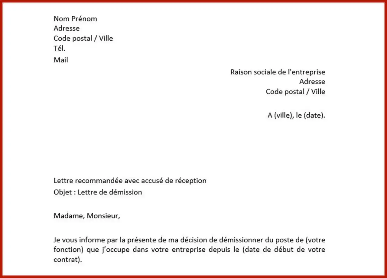Modèle de lettre de démission avec préavis, pour informer l'employeur de votre départ. Ce document est essentiel pour le préavis démission hcr.