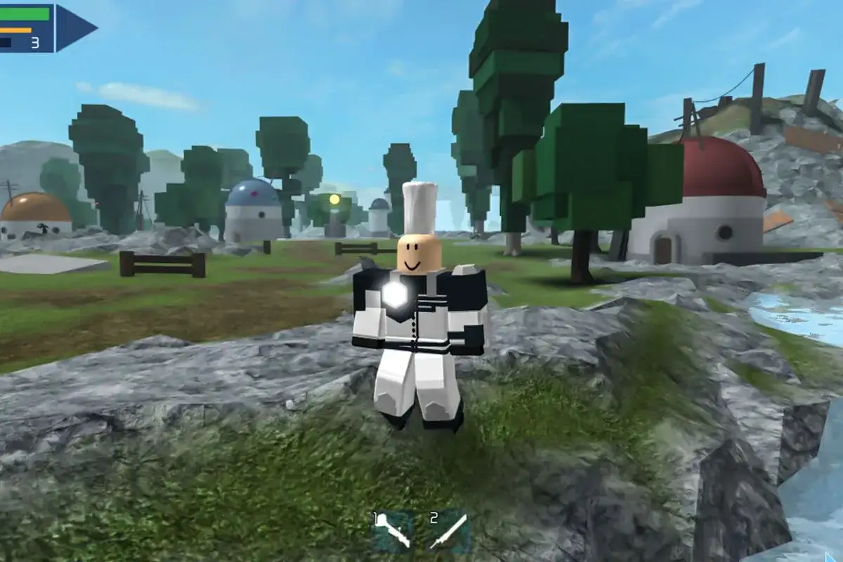 Postać w grze Roblox, która wygląda jak żołnierz, stoi na tle krajobrazu z budynkami i drzewami. Od ilu lat można grać w Roblox? Od 7 lat.