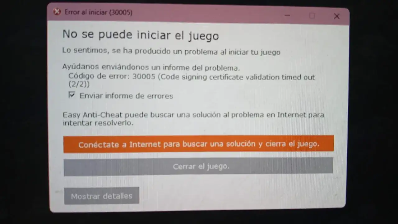 Komunikat błędu gry: "No se puede iniciar el juego". Easy Anti-Cheat nie może zweryfikować certyfikatu.