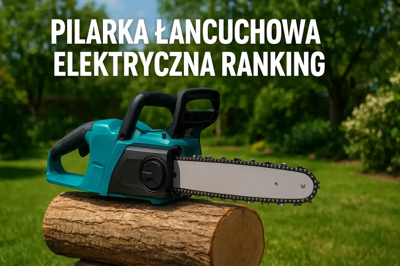 Turkusowa pilarka łańcuchowa elektryczna leży na pniu drewna na tle zielonego ogrodu.