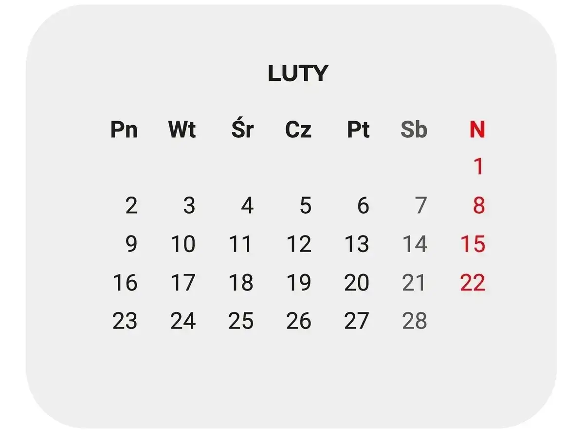 Kalendarz na luty. Ile godzin pracy w miesiącu? Zaznaczone dni wolne: 1, 8, 15, 22.
