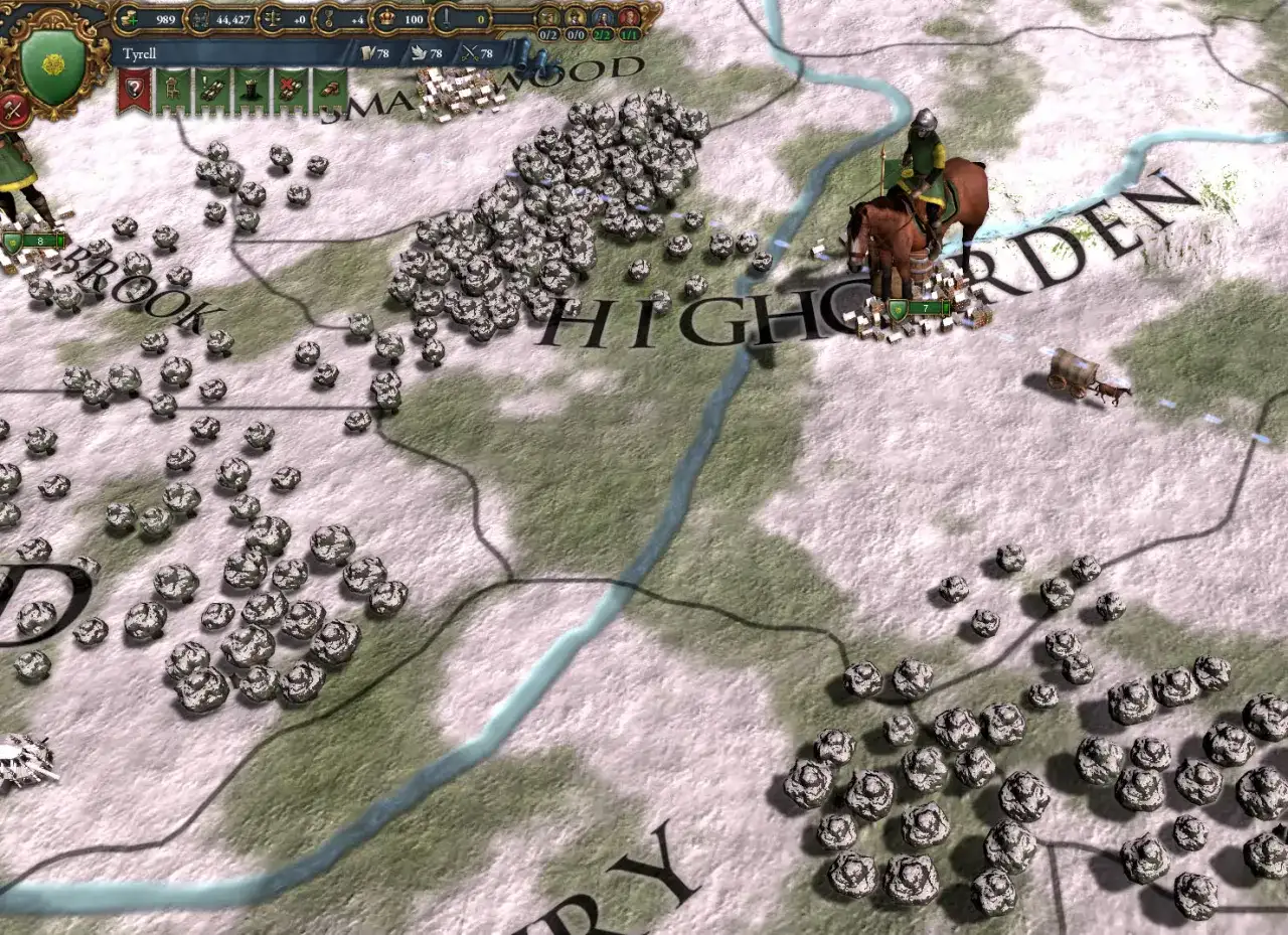 Europa Universalis IV: spolszczenie. Mapa gry z wojskami i nazwami prowincji, w tym "HIGHGARDEN".