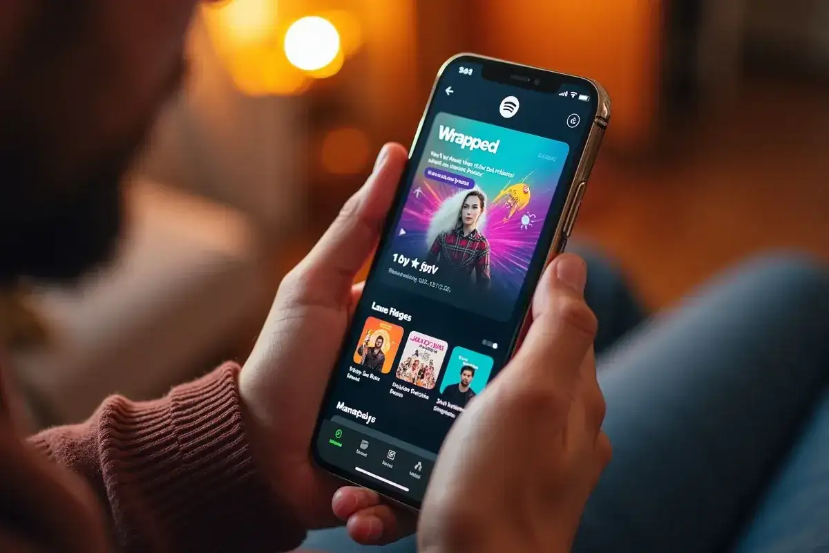 Osoba przegląda Spotify Wrapped na telefonie, odkrywając swoje muzyczne podsumowanie roku.