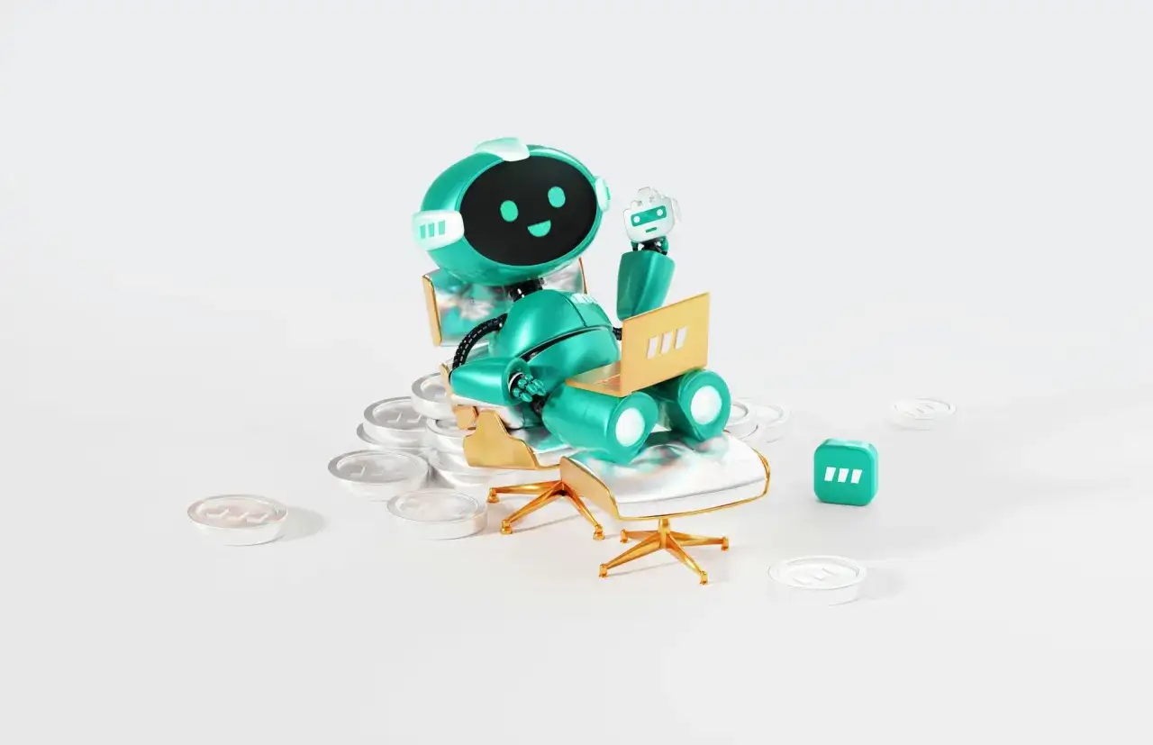 Uroczy bot siedzi na krześle, pracując na laptopie. Wokół niego leżą monety, a obok kostka z symbolem. To właśnie boty co to - pomocnicy w cyfrowym świecie.