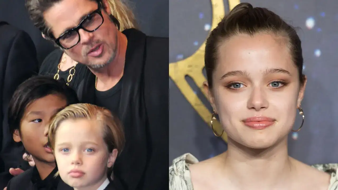 Brad Pitt z dziećmi. Na zdjęciu widać aktora w okularach, a obok niego dwójkę jego dzieci. Po prawej stronie ujęcie twarzy nastoletniej córki.