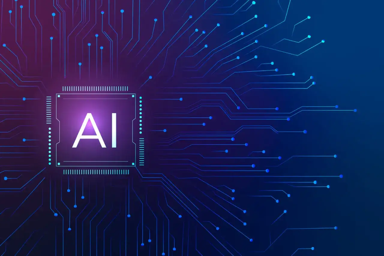 Sztuczna inteligencja (AI) jako serce cyfrowego świata, na którym robi się prezentacje o przyszłości technologii.