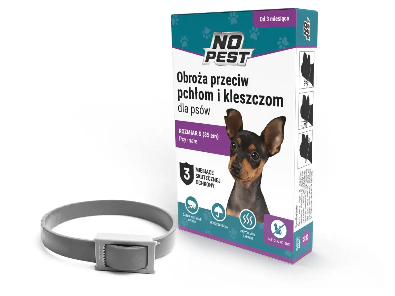 Szara obroża przeciw kleszczom i pchłom dla psów na tle opakowania z wizerunkiem szczenięcia.