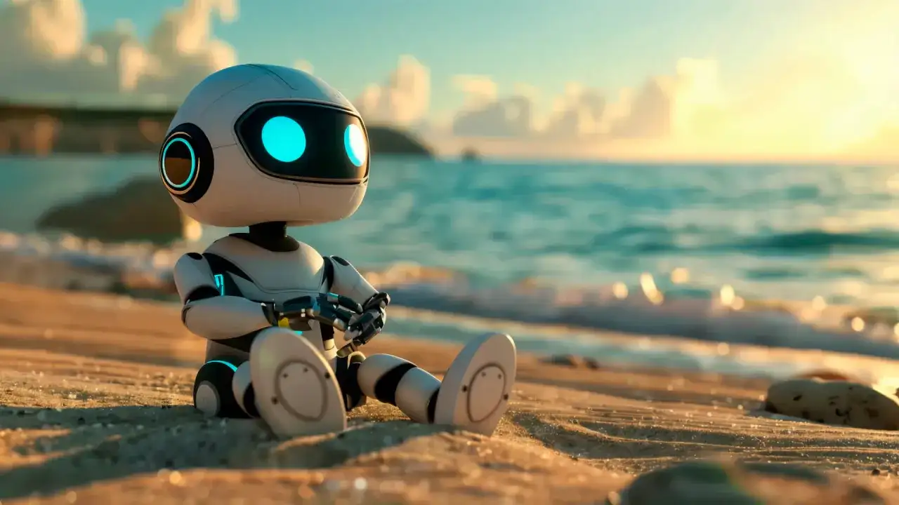 Mały robot z niebieskimi oczami siedzi na plaży, zastanawiając się, czym jest ai sztuczna inteligencja.