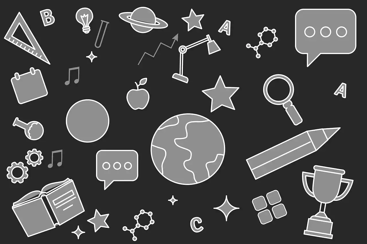 Grafika z ikonami edukacyjnymi: książka, globus, jabłko, ołówek, trofeum, litery A, B, C.
