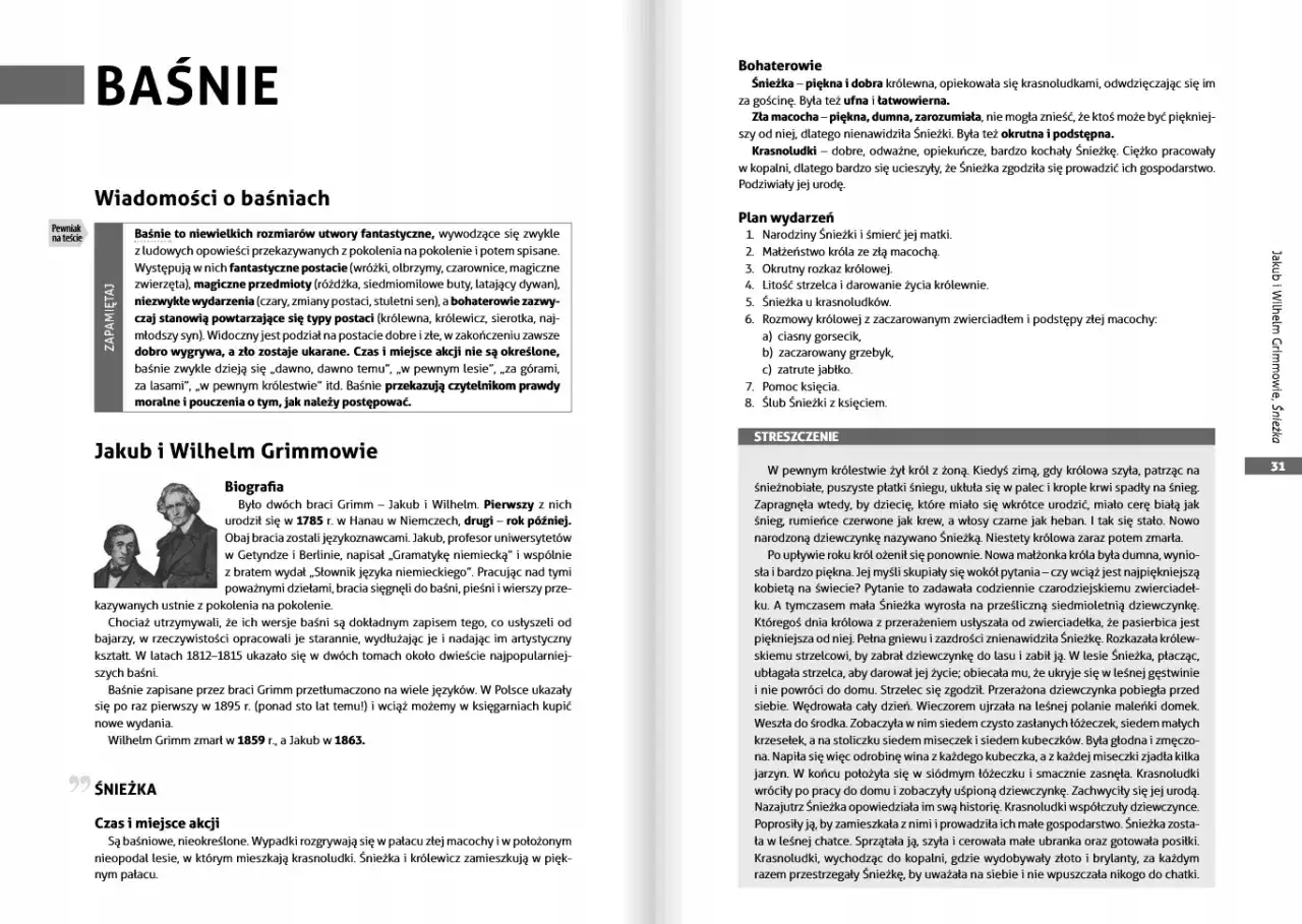 Tekst o baśniach, braciach Grimm i ich dziełach, w tym o "Śnieżce". Wiersz "psie smutki" nie jest widoczny.
