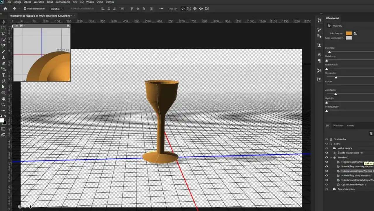 Widok 3D w programie Photoshop. Co to jest? Widoczny kielich na siatce, z panelami właściwości i warstw.