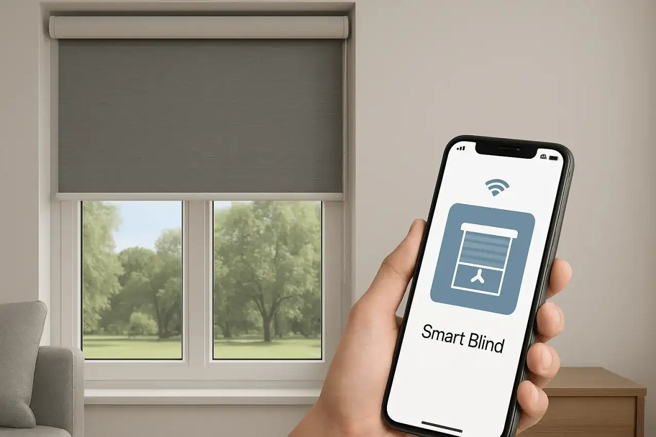 Sterowanie automatyczną roletą wewnętrzną za pomocą smartfona. Widok na okno z zielenią w tle.