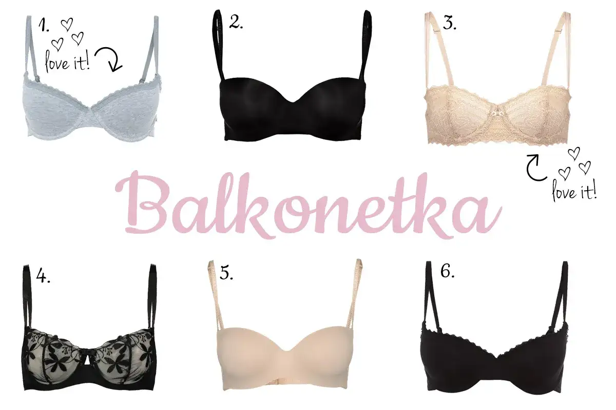 Sześć różnych modeli biustonoszy, ponumerowanych od 1 do 6, na białym tle.