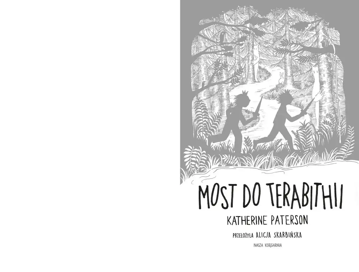 Ilustracja do recenzji książki "Most do Terabithii": dwoje dzieci biegnie przez las, tworząc własne magiczne królestwo.