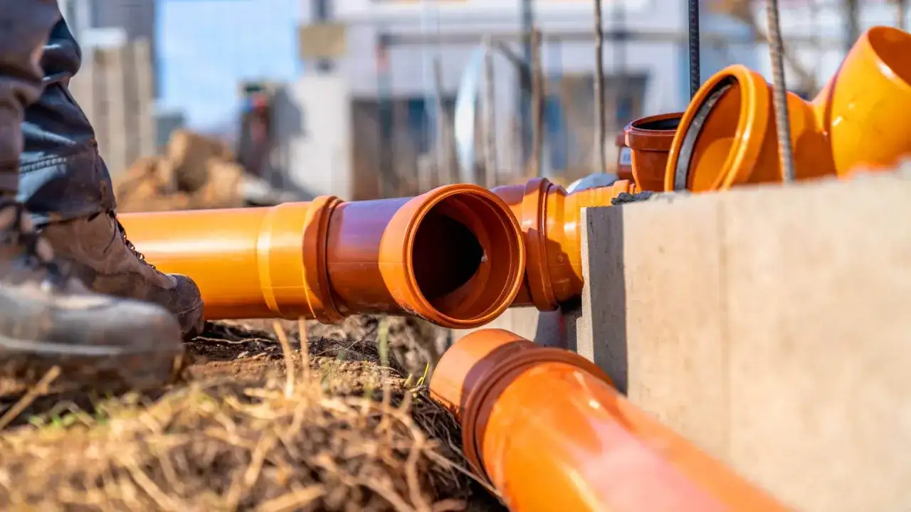 Pomarańczowe rury kanalizacyjne na budowie. Kto płaci za przyłącze wodociągowe? To pytanie nurtuje inwestorów.